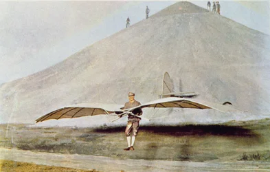 Een van de vele vliegexperimenten van Otto Lilienthal (1848-96) uit 